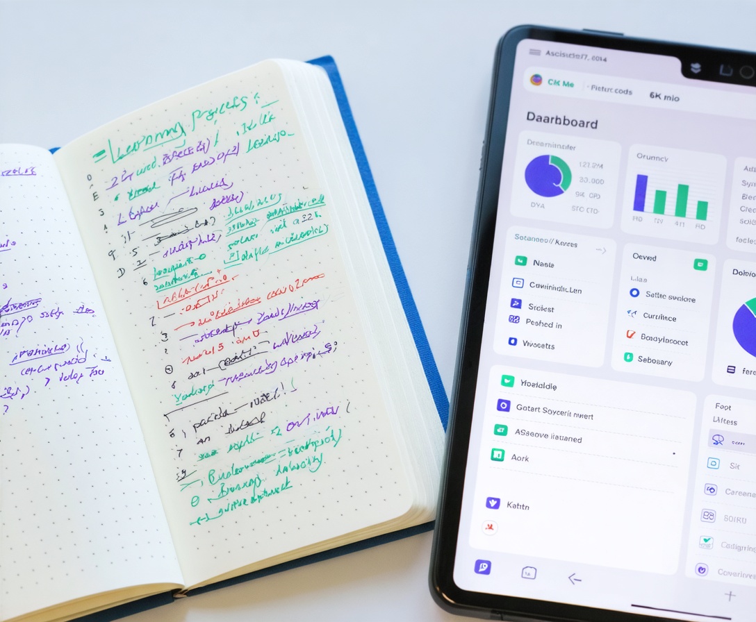 Detaillierter Lehrplan auf einem Tablet und Notizbuch
