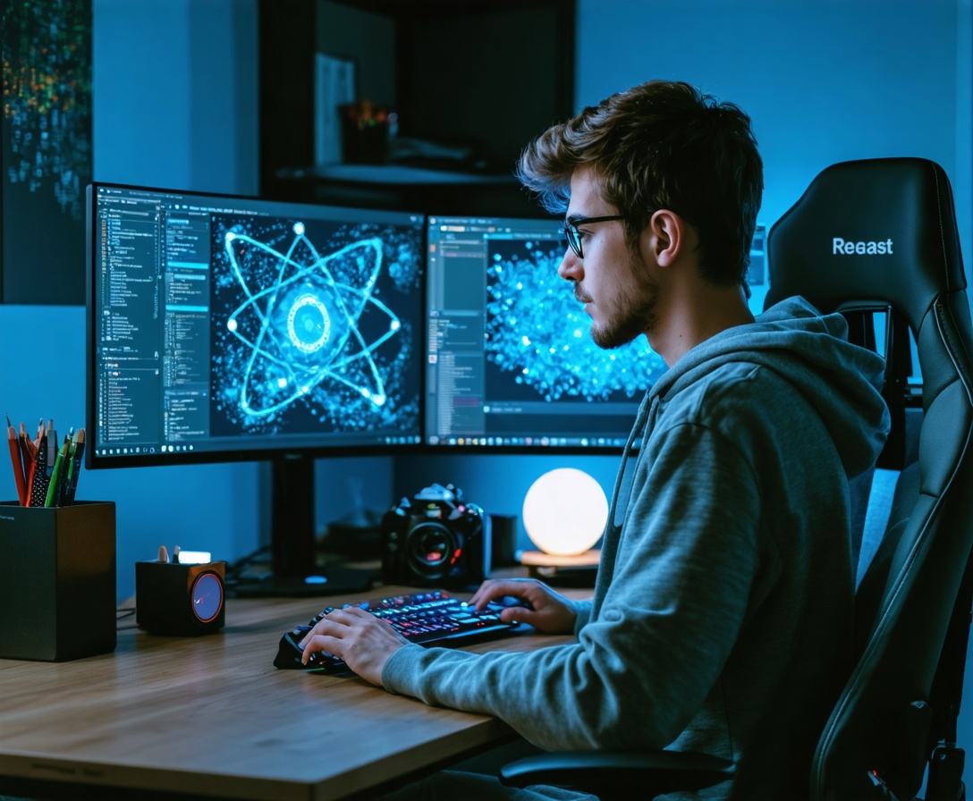 Ein fokussierter Student arbeitet an zwei Monitoren